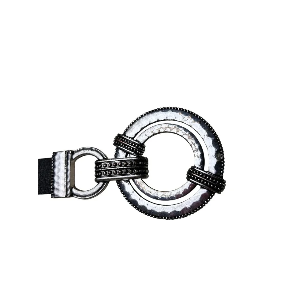 Chicos Black Genuine Leather Medallion Belt Silver Hammered Buckle AdjustableS/M